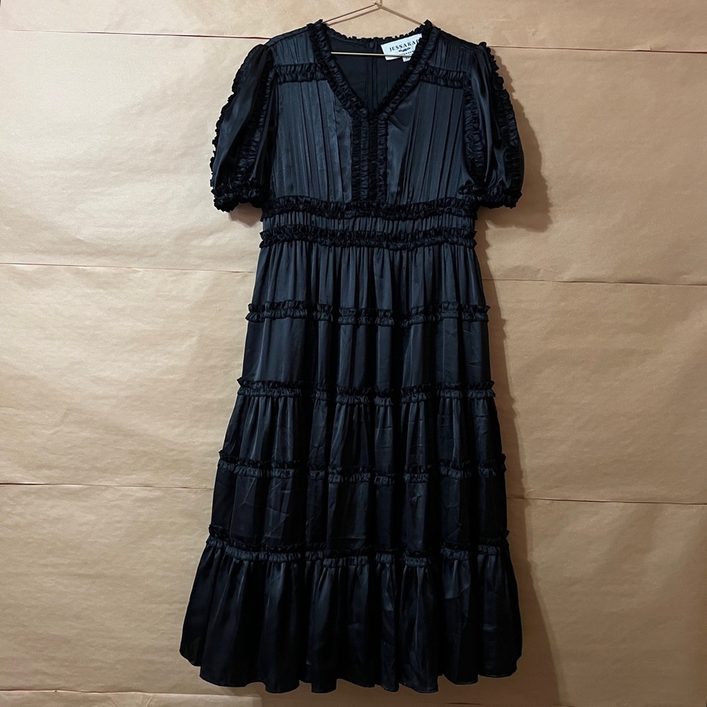 JessaKae x The Food Nanny Liz Dress Satin Ruffle Tiered Midi Dress Black Size XL